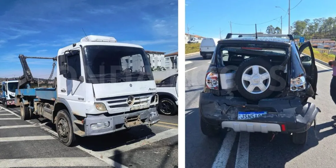 Mulher é socorrida após colisão entre carro e caminhão em Poços de Caldas