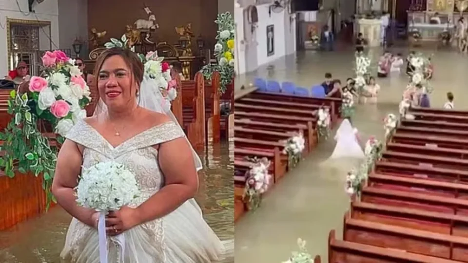 De branco, noiva enfrenta enchente e se casa em igreja alagada nas Filipinas